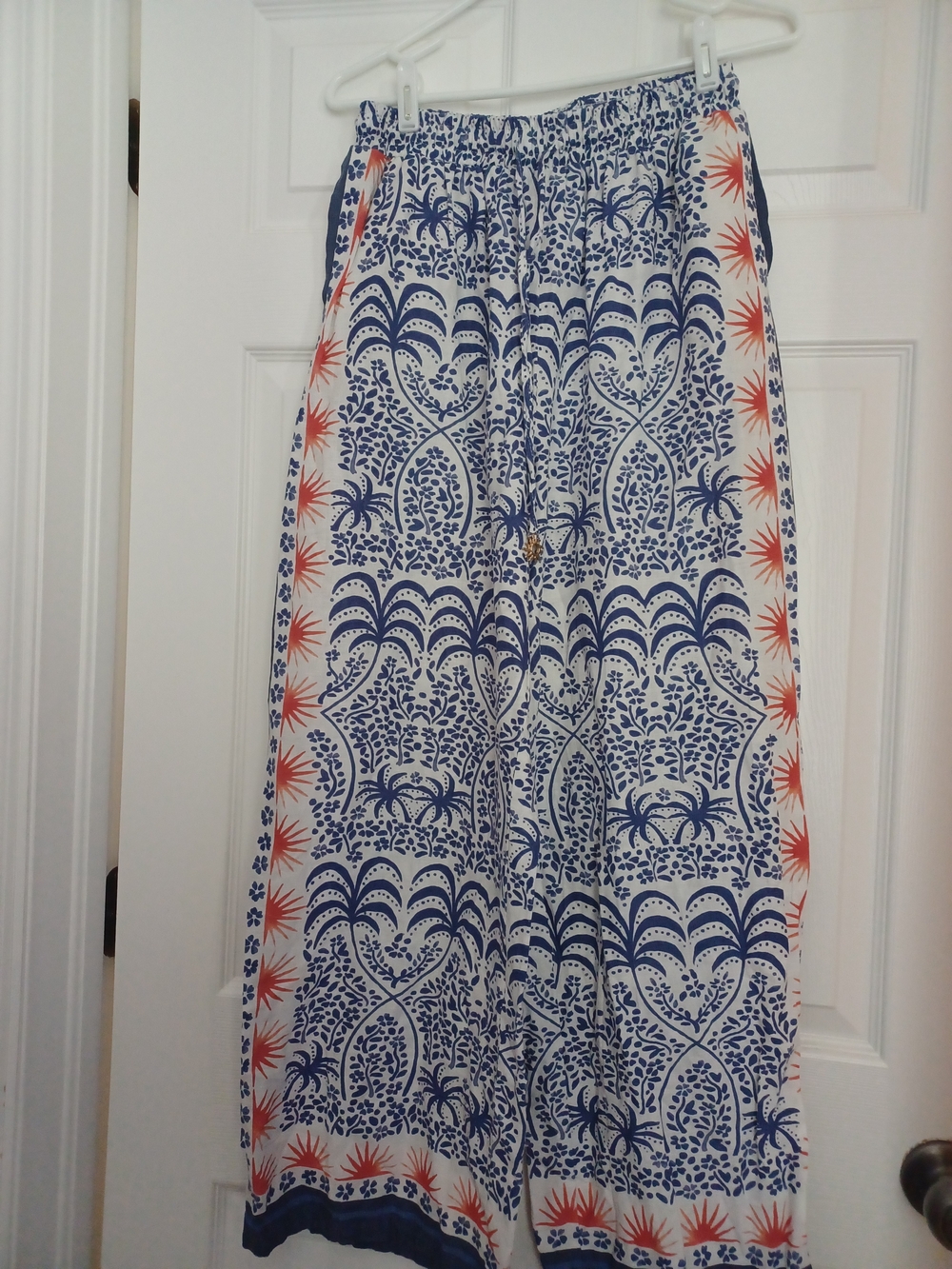 Rachel Zoe Womens Blue and White Printed Elastic-Waist Wide Leg Linen Pants Sz S